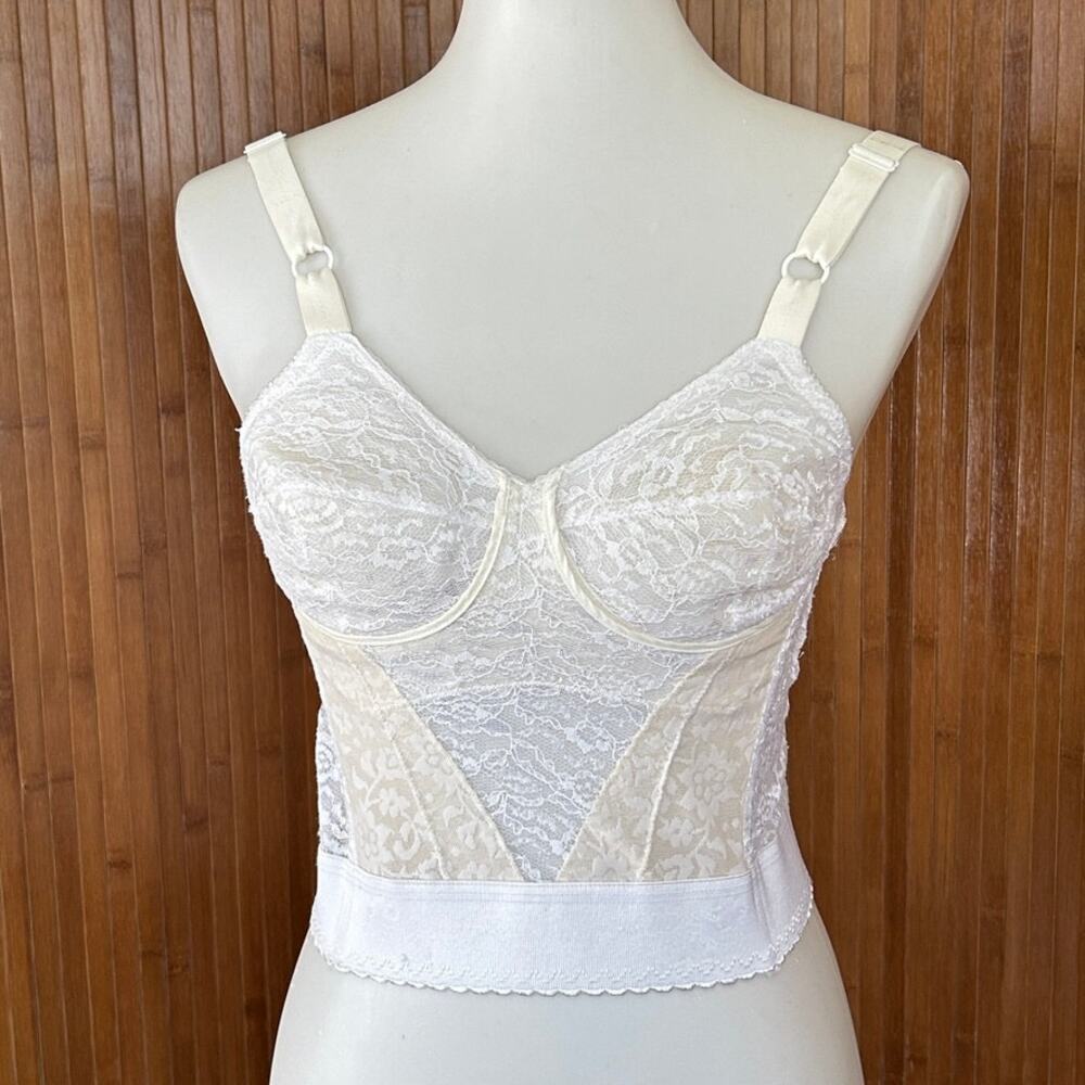 Vintage 50s 60s White Lace Longline Torsolette Low Back Long Line Bra